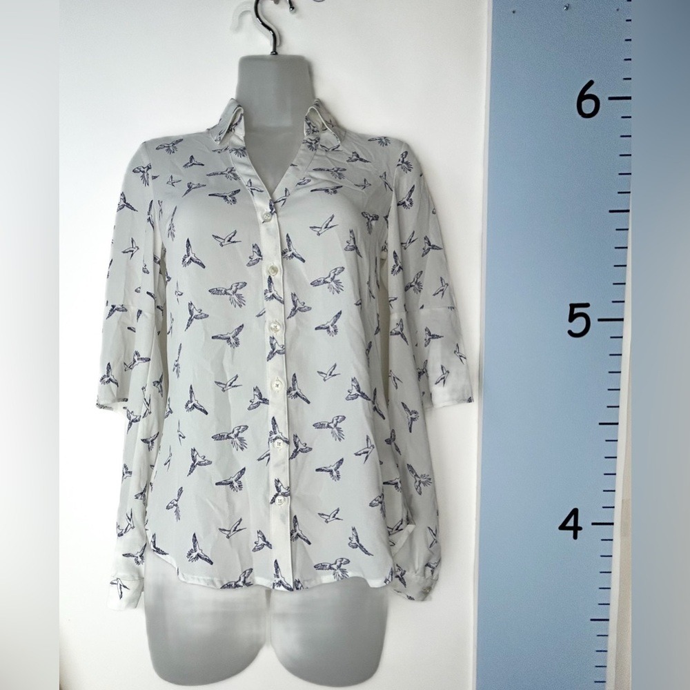 Express Portofino White w/Birds Bell Slit Sleeve Blouse Women's Slim XXS/TTP‎